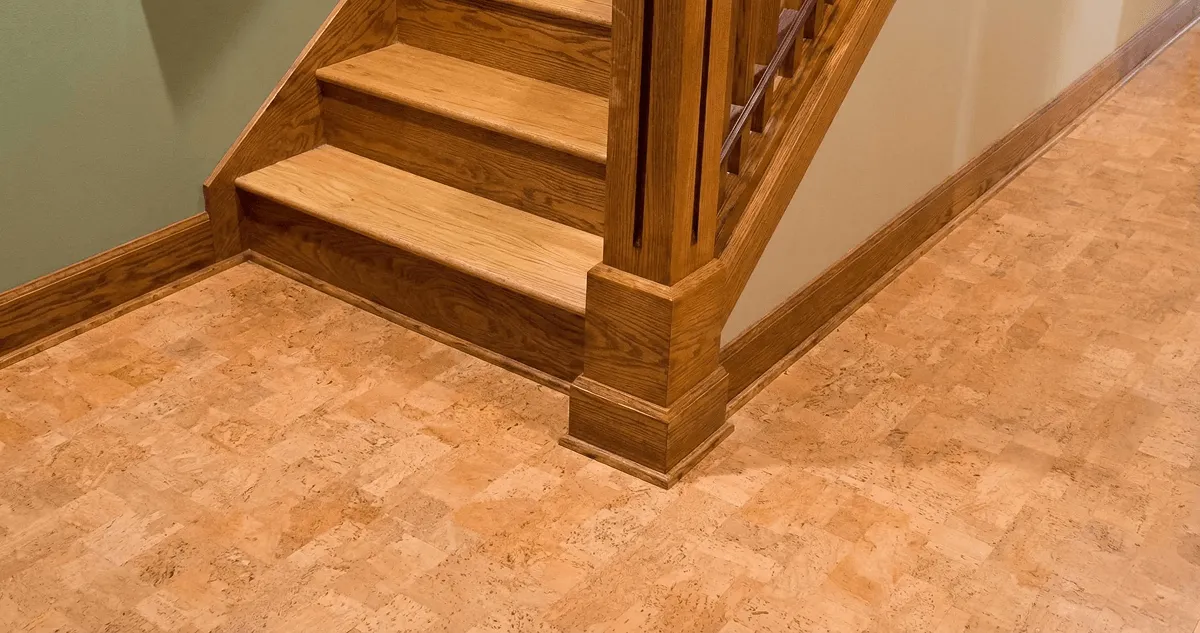 End of a staircase with cork flooring in Jersey City, NJ