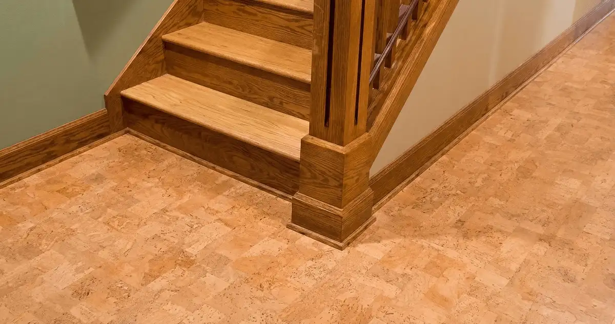 End of a staircase with cork flooring in Jersey City, NJ