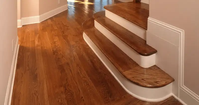 Base floor of a staircase with professionally restored wood flooring in Jersey City NJ