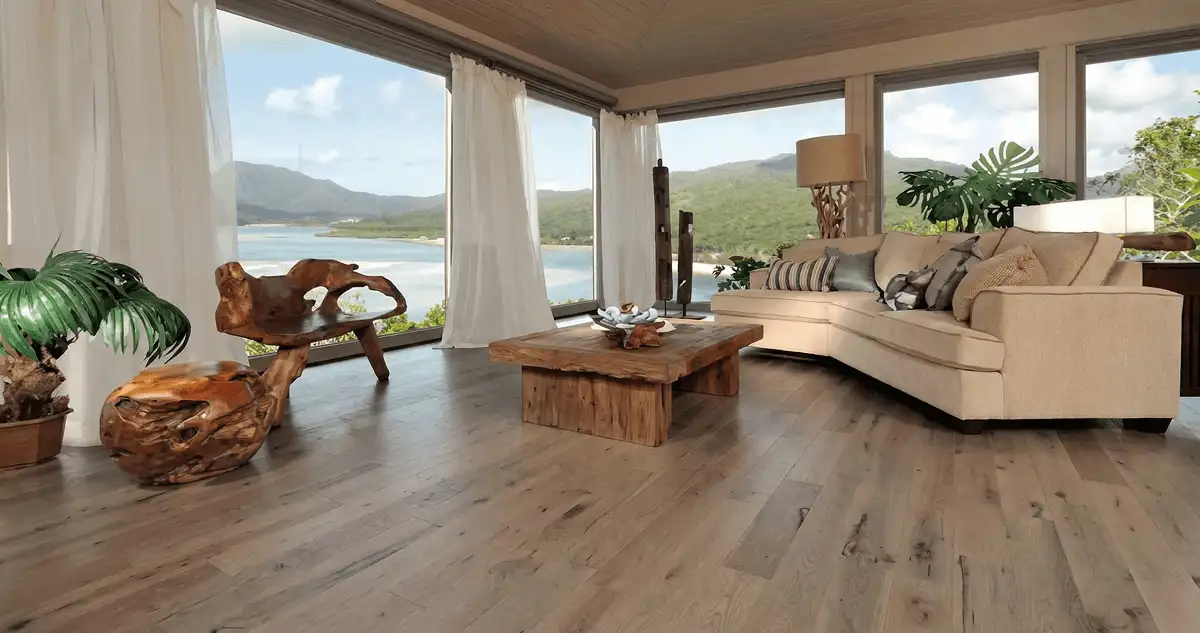 Professionally installed vinyl flooring in a modern living room with large windows in Jersey City, NJ